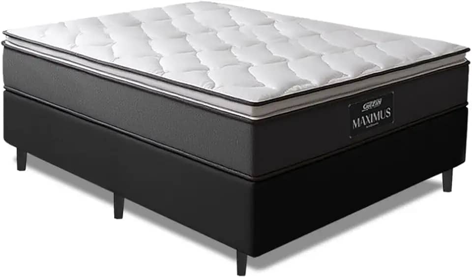 Cama Box Casal Colchão Molas Ensacadas Pillow Top Maximus 138x188x62cm Cinza/Preto Gazin - Suporta até 120Kg por Pessoa