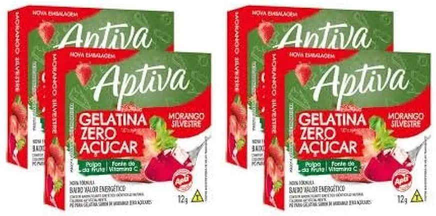 Aptiva Gelatina Zero Açúcar Sabor Morango Silvestre, Kit com 4 Unidades, 12 gramas cada