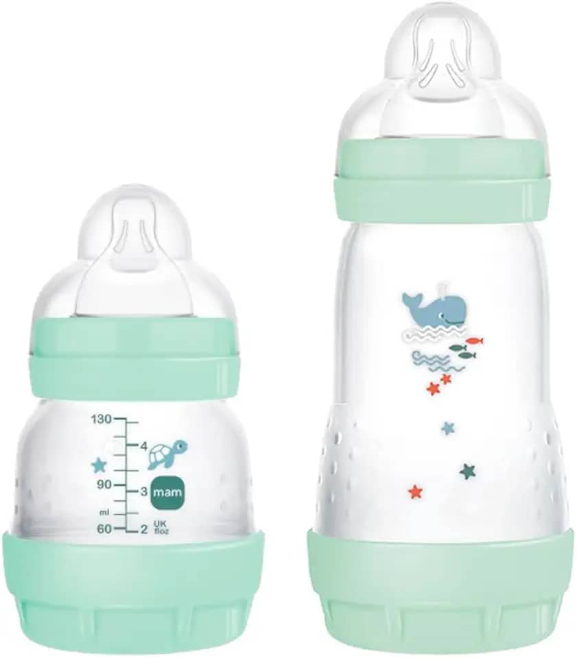MAM Baby Kit 2 Mamadeiras Easy Start Starter Set Anticólica e Menos Bolhas de Ar, para Crianças 0+ Meses Autoesterilizável e com Bico de Silicone Skinsoft, Verde