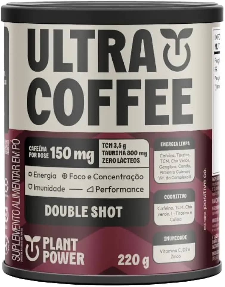 Plant Power Ultracoffee Double Shot - Lata 220g - Café Instantâneo - Dark Roast - 150mg de Cafeína - Livre de Leite - 1 Unidade - 320g