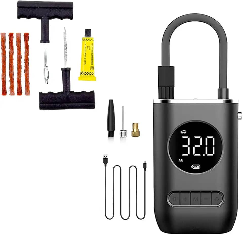Kit Reparo Pneu + Bomba de Encher Pneu Mini Compressor Portátil
