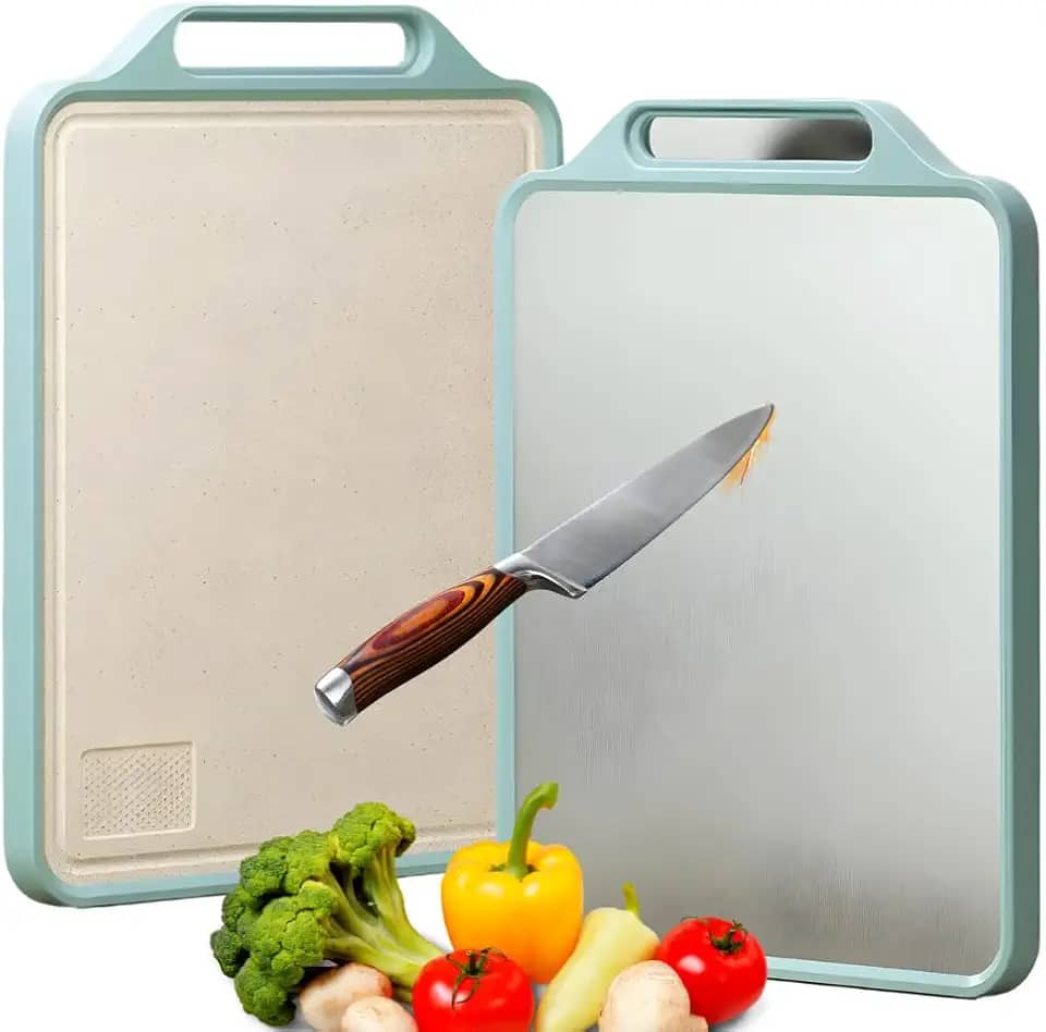 Tábua de Corte Dupla Face Inox e PP Tabua de Carne Inox Antibacteriana, Tábua de Corte de Aço Inoxidável, Antiderrapante e Antimicrobiana, Resistente a Mofo e Arranhões - Tamanho Grande Premium