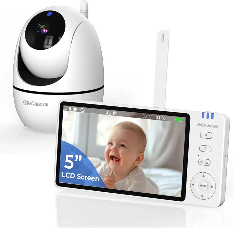 Baba Eletronica sem internet, 5" Monitor de Bebe, 360°, 2 Way Audio, Visão Nocturna, bateria de 10 horas, 4 Zoom, Economia de energia VOX, Canção de Ninar, Ideal para Pais Novos,110/220v