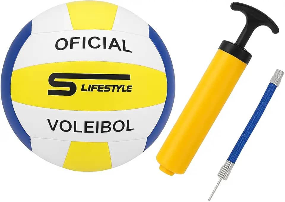 Kit Bola de Vôlei Tamanho Oficial Nº 5 + Bomba de Ar Portátil – Design Resistente para Quadra e Praia, Couro Sintético, 24 cm de Diâmetro, Diversão & Treino Garantidos