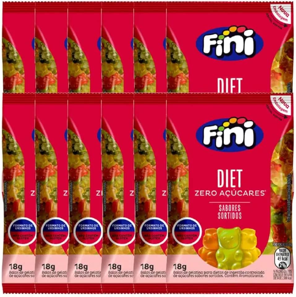 Bala Gelatina Fini Zero Açúcar Diet contendo 12 pacotes de 18g cada