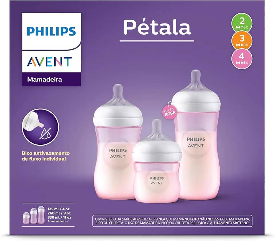 Philips Avent Kit de Mamadeira Pétala, 125ml bico fluxo-lento, 260ml bico fluxo-médio, 330ml bico fluxo-rápido, Rosa SCD838/28