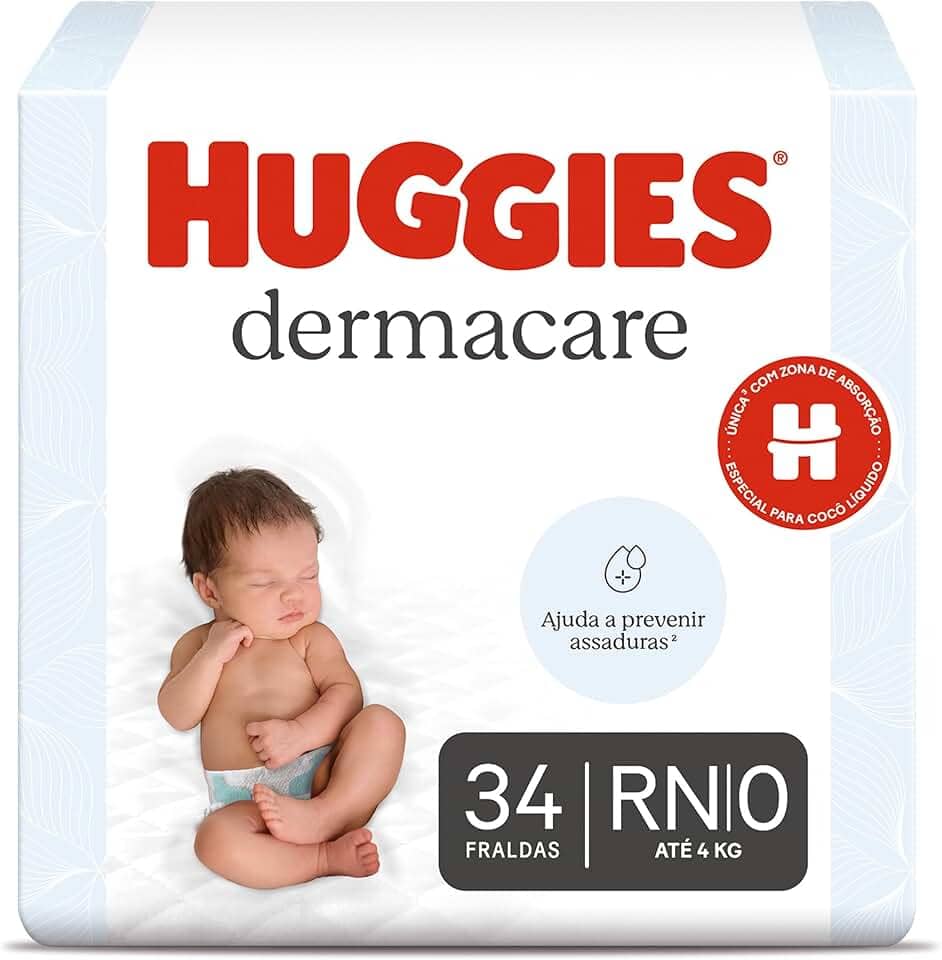 Fralda Huggies Premium Dermacare Tamanho RN - 34 Fraldas Premium com Tecnologia Avançada para Pele Sensível do bebê que ajuda previnir assaduras