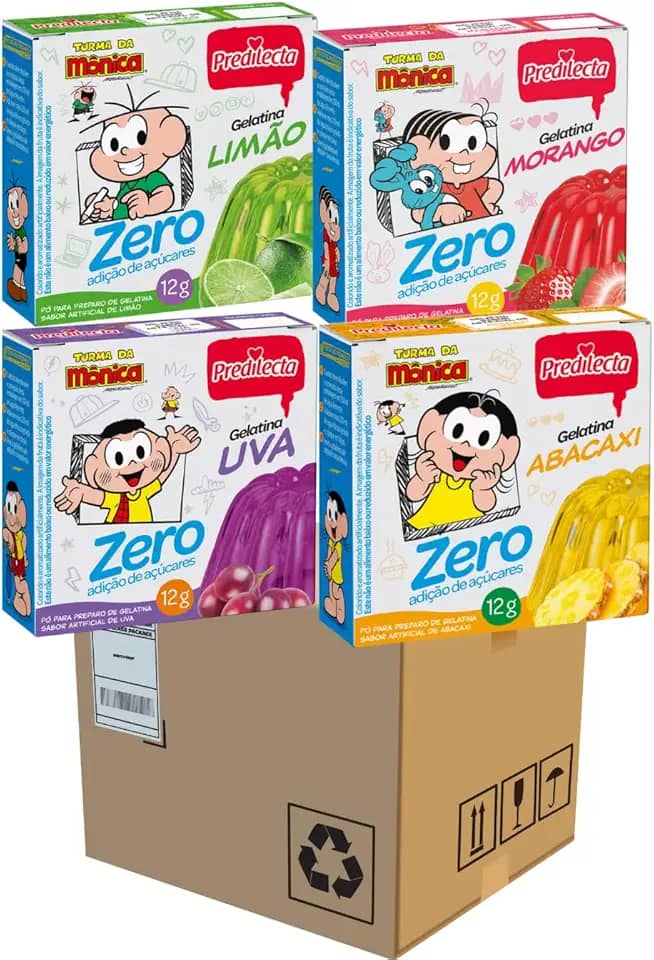 Caixa fechada 36 Gelatina Em Pó Zero Açucar Com 9 Sabores de Cada, Uva, Limão, Abacaxi e Morango 12g