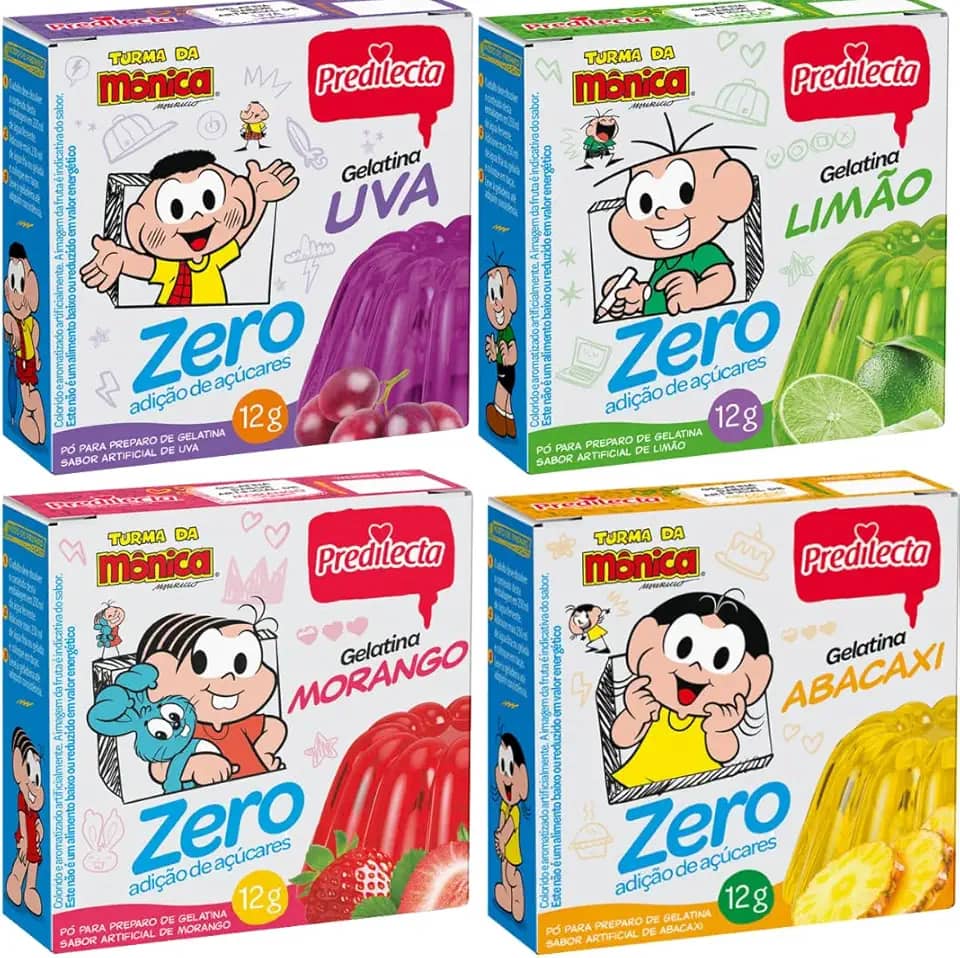 4 Gelatina Em Pó Zero Açucar Sabor Morango, Abacaxi, Limão e Uva